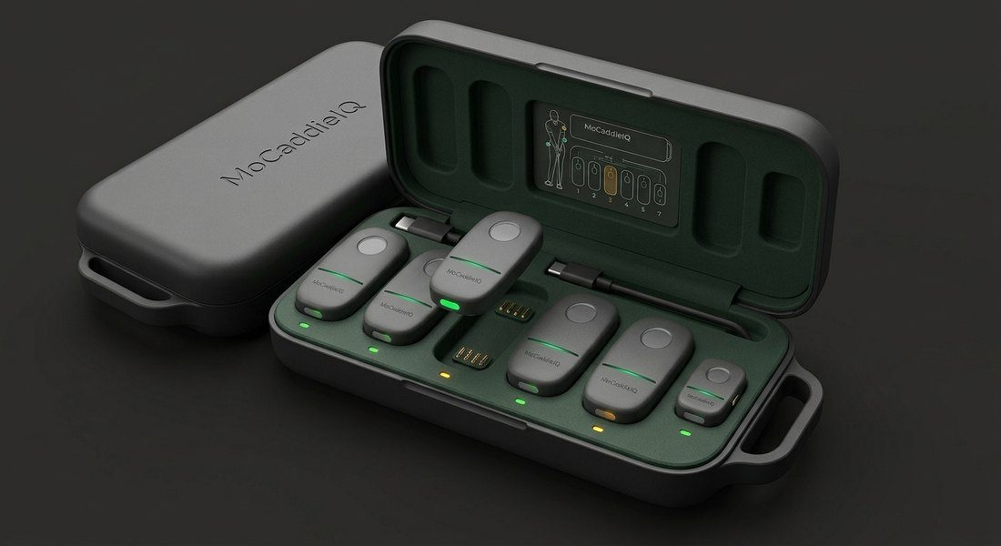 MoCaddieIQ charging case with the sensors docked