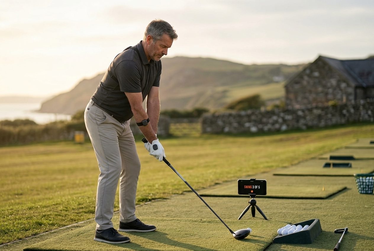 Golfer at address on a coastal range; the phone on a tripod reads SWING 3 OF 5