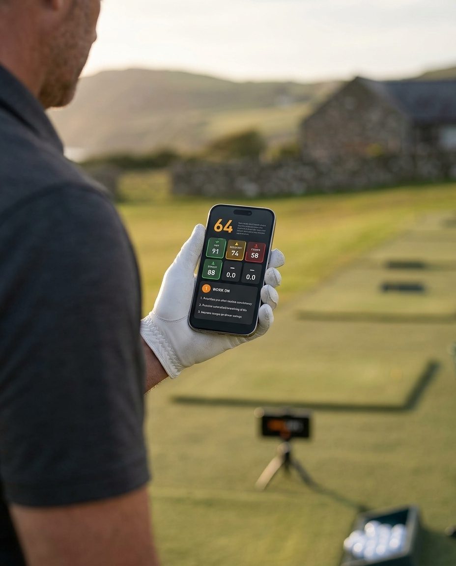 A golfer reading the health-check sheet on a phone at the range